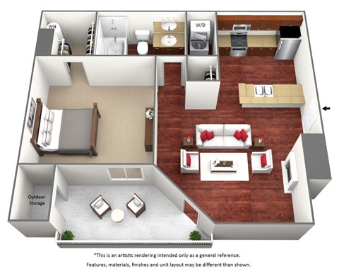 Floor plan for 1 bed, 1 bath, 554 sqft